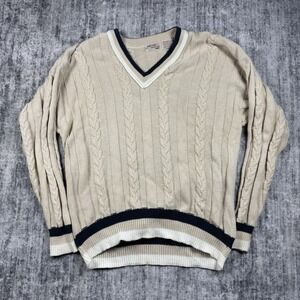 Vtg Fox Collection Sweater V Neck Size L Cable Knit Fisherman Collar USA Made